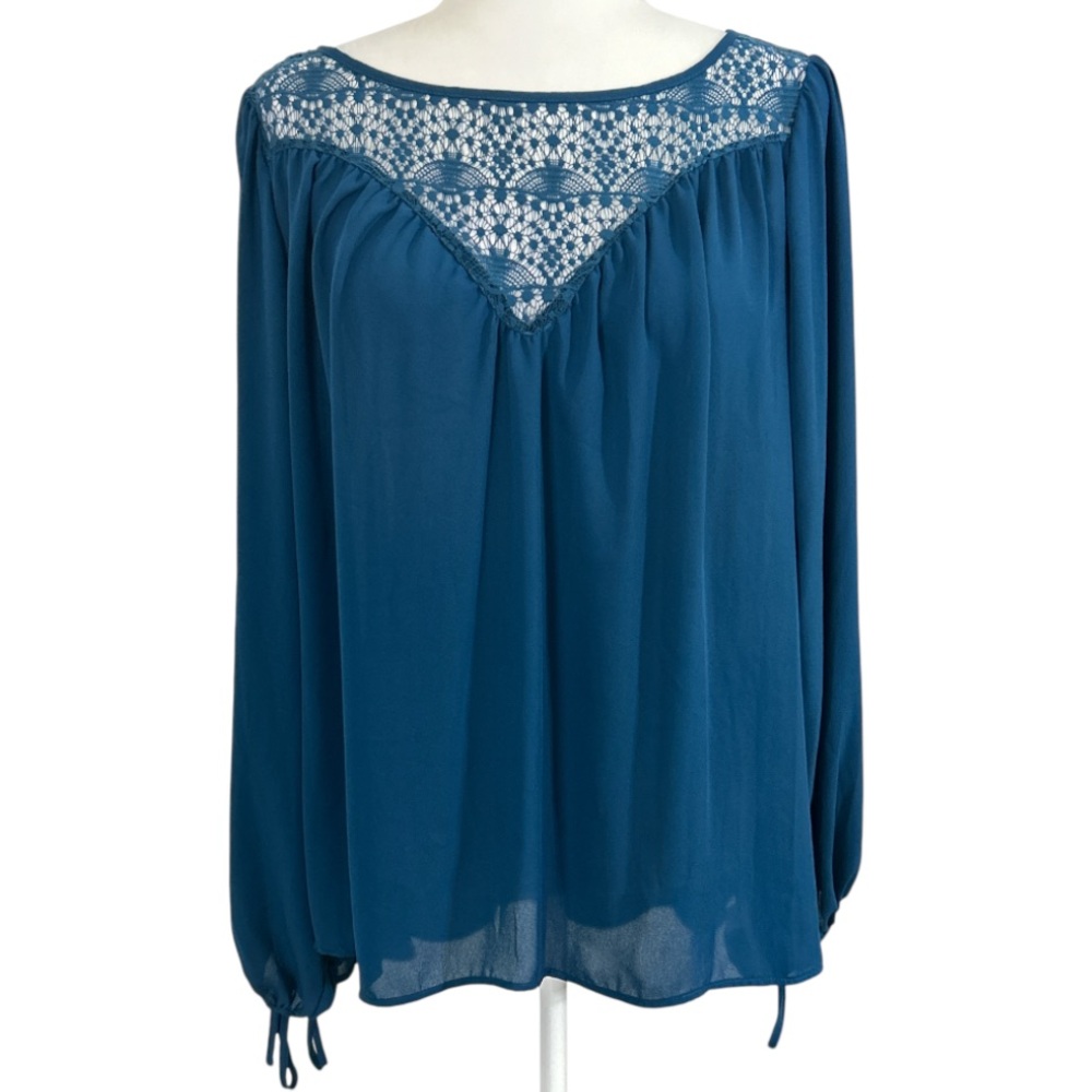 JW STYLE Women's Blouse Crew Neck Tie cuff Long Sleeves Stretchy Large Blue